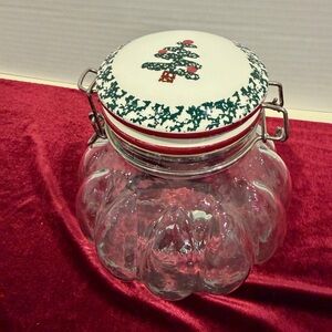 Christmas treat jar by Furio glass, ceramic latching lid  discontinued design